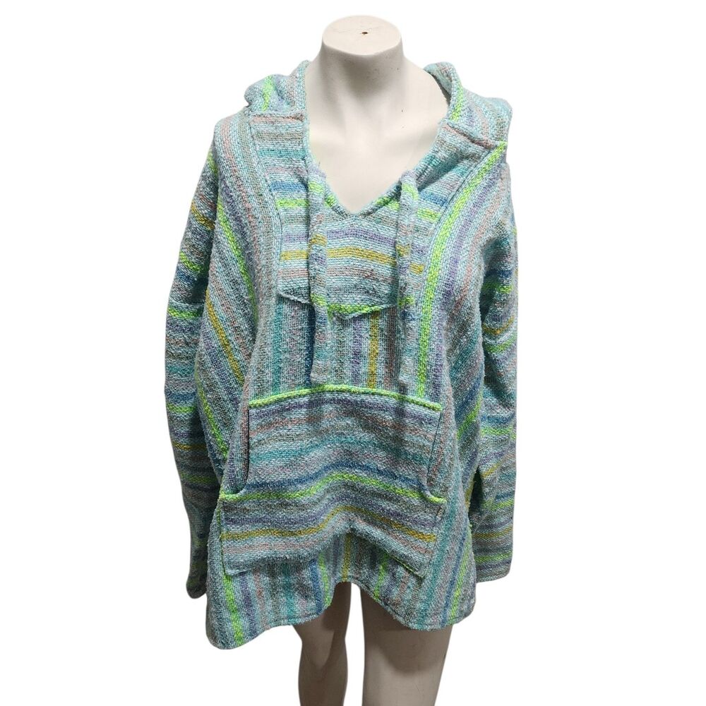 Artesanías Mickey Baja Hoodie XL Multicolor Striped Boho Mexican Surf Poncho